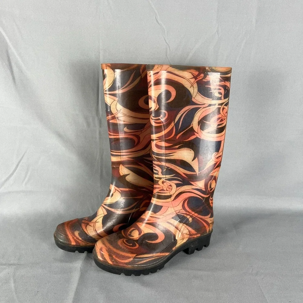 Cougar Womens 5 Multicolor Swirling Abstract Print Waterproof Tall Rain Boots